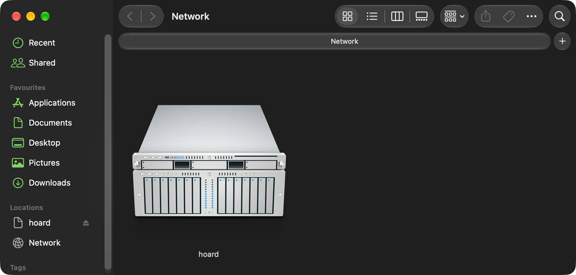 Screenshot of MacOS Finder showing a SMB file server with the icon of an Apple Xserve rackmount server.