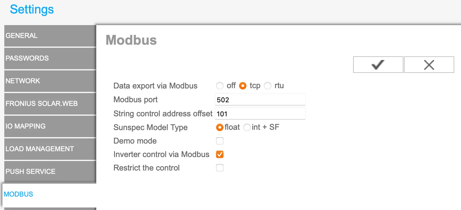 Screenshot of Fronius Modbus Settings page, with tcp checked, and Inverter control via Modbus checked