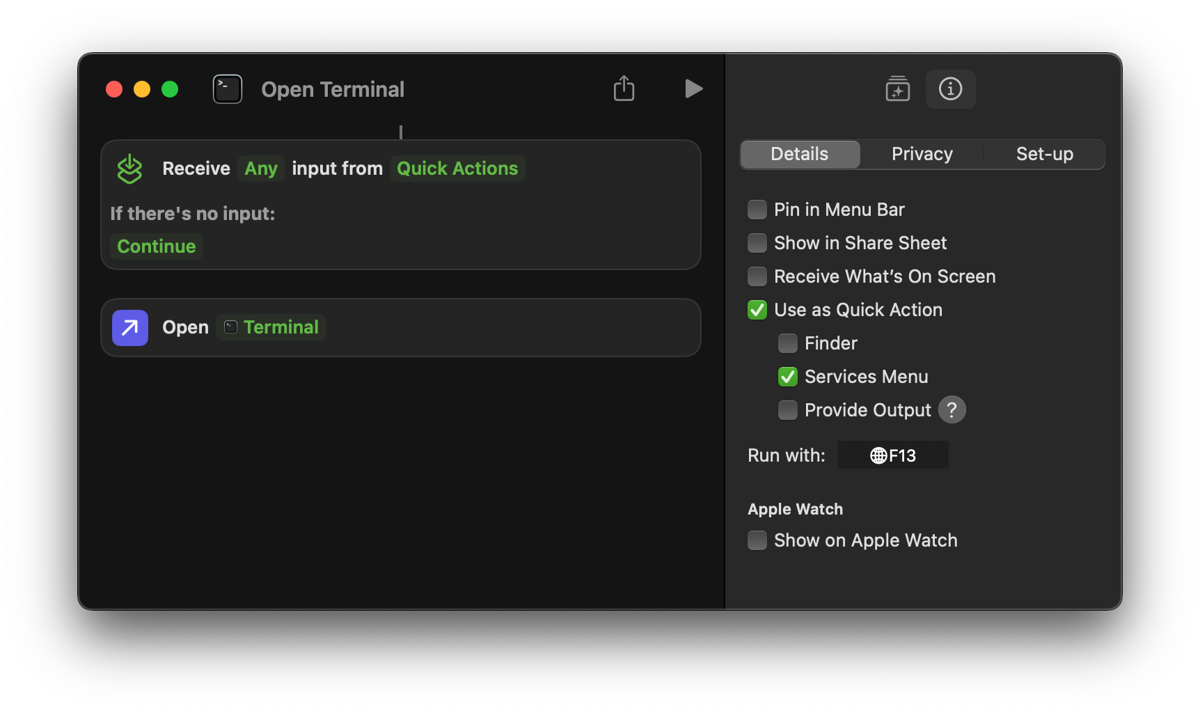 Screenshot of Apple Shortcuts App showing a shortcut with a single 'Open Terminal' action.