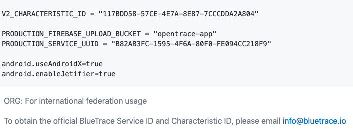 BLE service identifier is the fake example in TraceTogether app