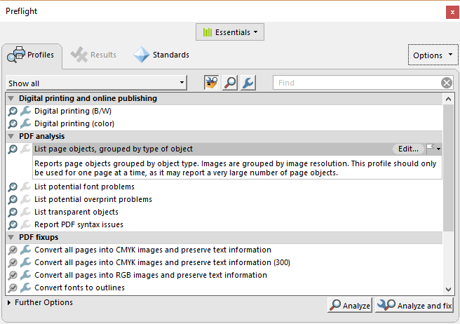 Adobe preflight dialog showing