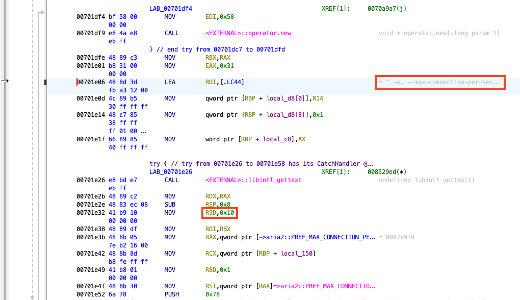 Screenshot of Ghidra showing assembly representation of the createOptionHandlers function, with the help string and 0x10 values highlighted.