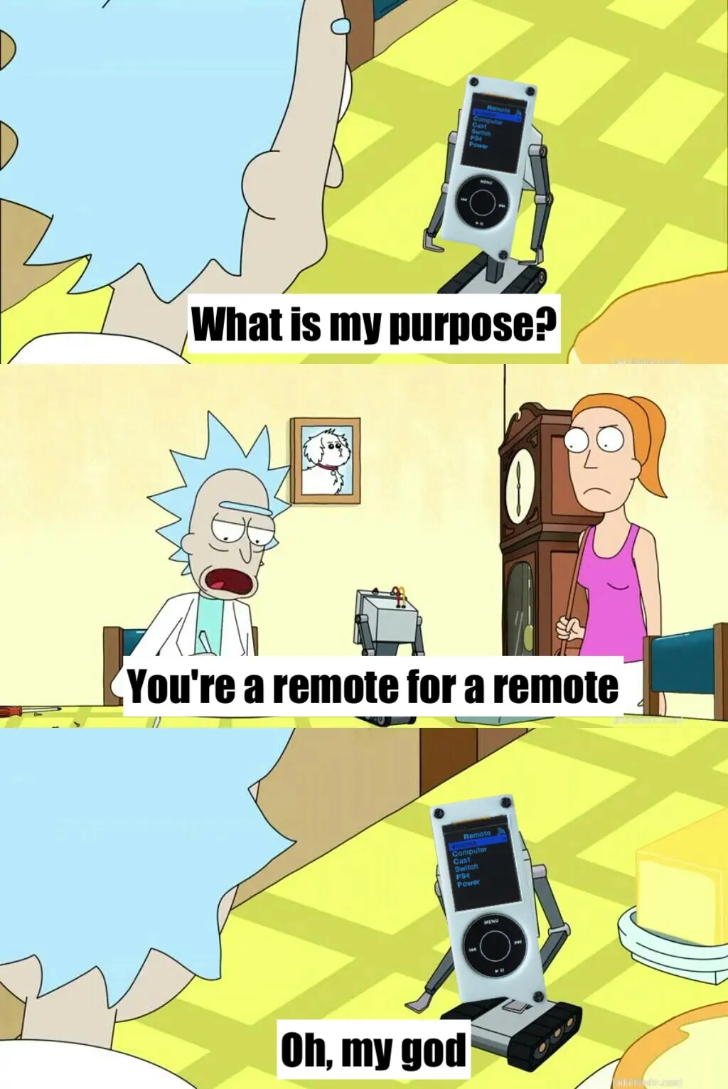 Meme from Rick and Morty with the pBod asking 'What is my purpose?', Rick responds 'I dunno'. The bPod responds 'Oh, my god'