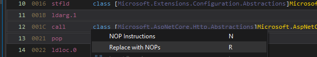 Screenshot showing replace with NOPs menu
