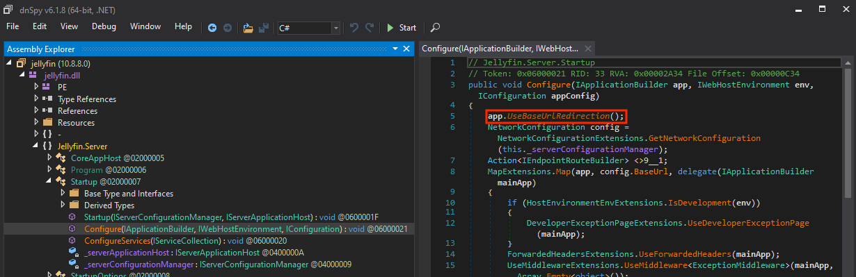 Screenshot showing location of the app.UseBaseUrtRedirection() function call in jellyfin/jellyfin.dll/Jellyfin.Server/Startup/Configure