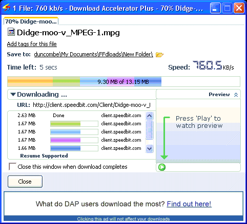 Screenshot of Download Accelerator Plus downloading a file on Windows XP