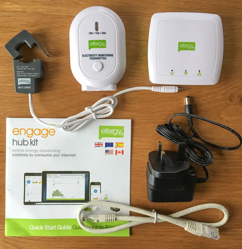 Photo of the Efergy Engage Hub kit, with clamp meter, transmitter, receiver, power adapter and ethernet cable.