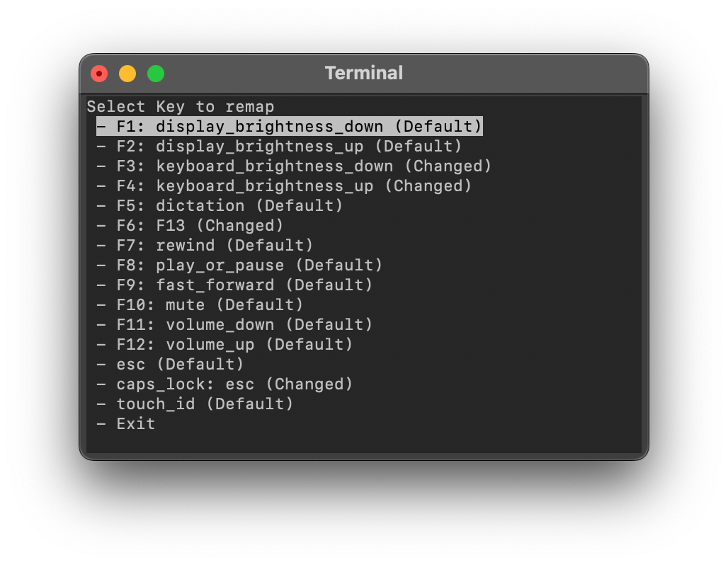 Screenshot of my python script running, showing a menu of keys to remap