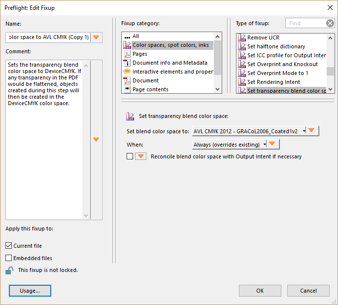 Adobe preflight dialog window applying CMYK profile