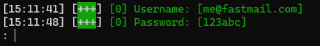 Screenshot of Evilnginx outputting the username and password of the victim.