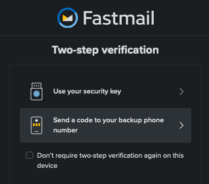 Screenshot of Fastmail login, listing security and SMS as equal options.