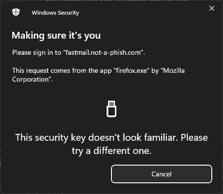 Screenshot of Windows prompt saying 'This security key doesn't look familiar. Please try a different one.'