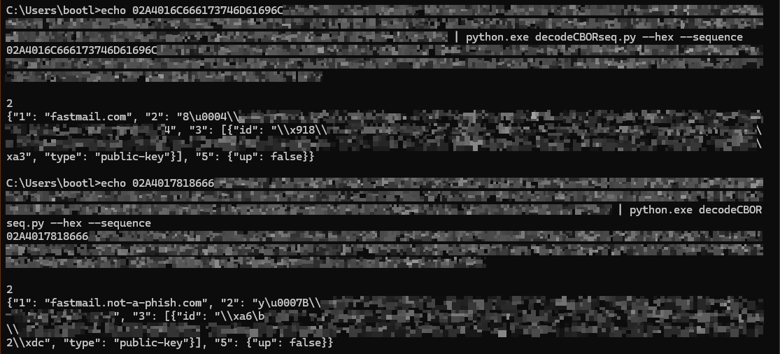 Screenshot of WebAuthN CBOR decoded into JSON.