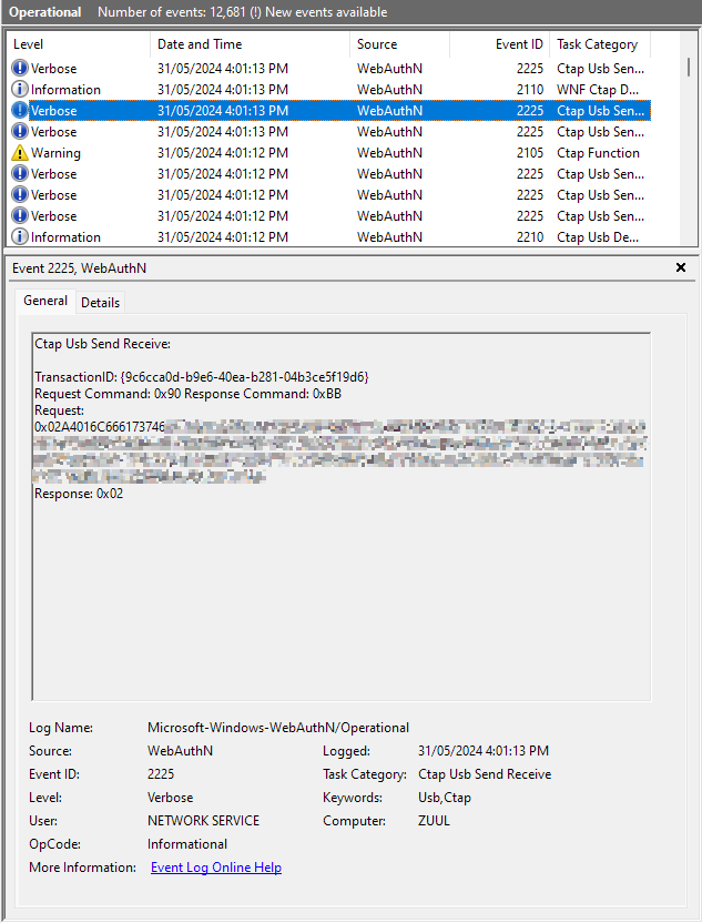 Screenshot of Windows Event Viewer listing WebAuthN events.